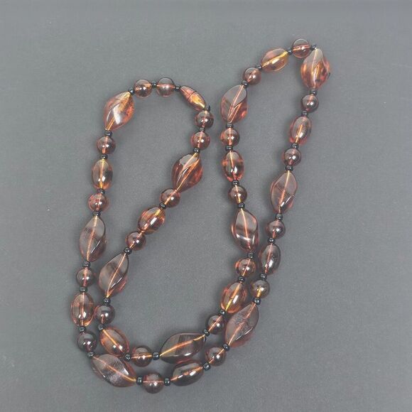 Vintage Long 30.5" Faux Cognac Amber Necklace Chunky Bead Marbled Plastic Brown - Picture 8 of 11